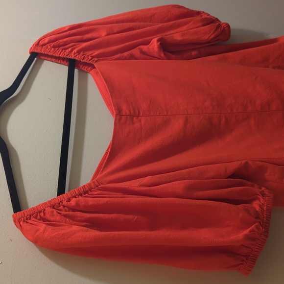 H&M Vibrant Orange Linen Blend Puff Short Sleeve Top Blouse- S - Picture 8 of 12